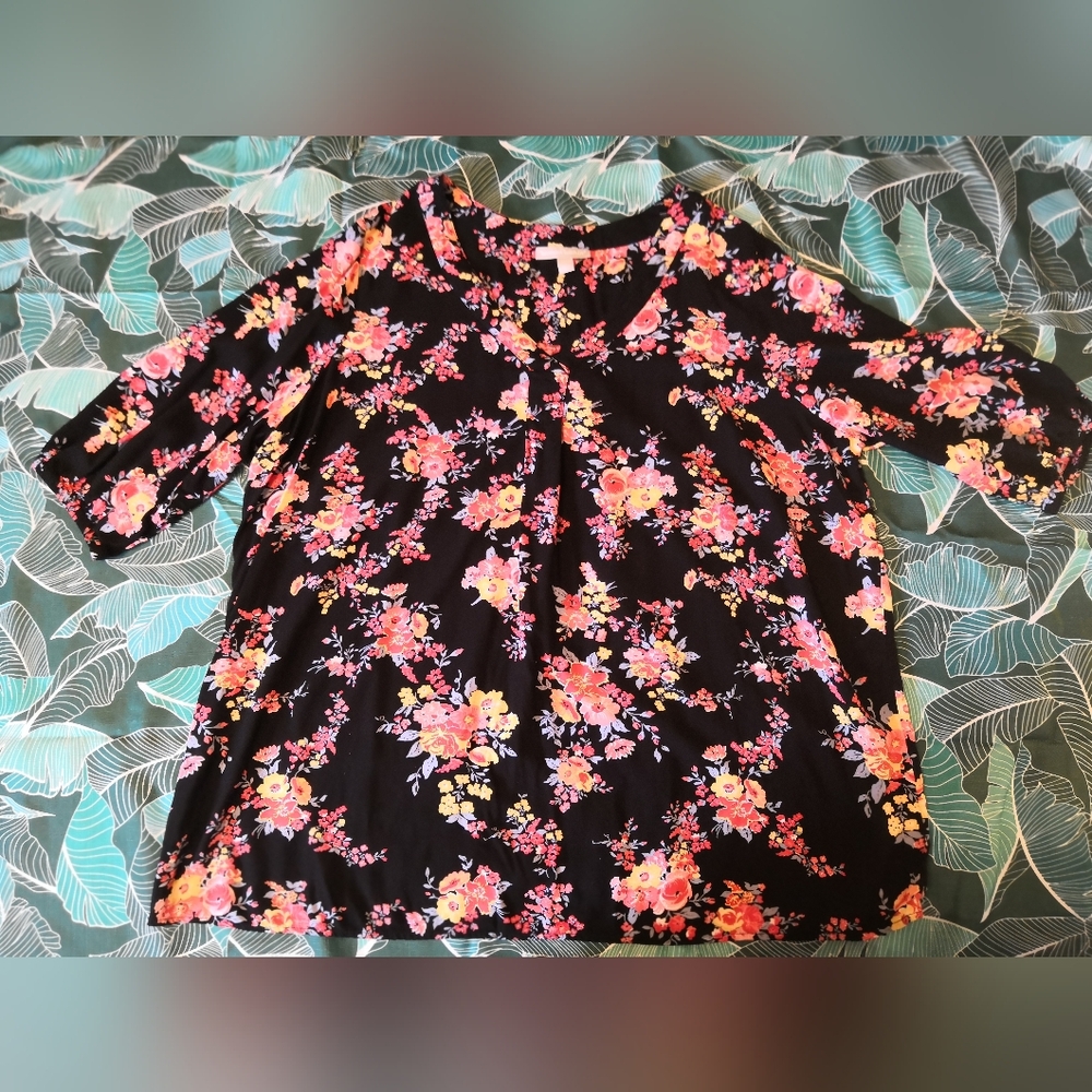 Woman Within Black Pink and Orange 3/4 Sleeve Blouse Top V neck